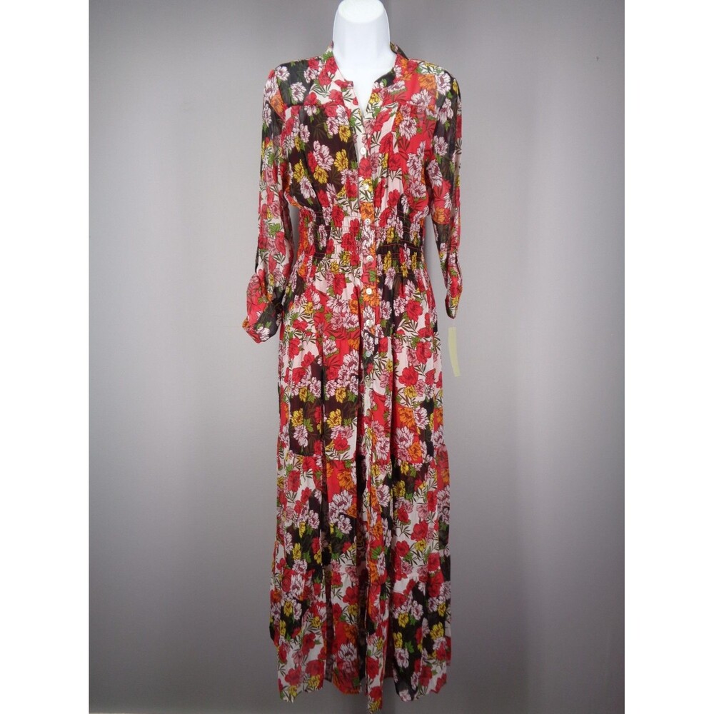 Figueroa Flower Chiffon Smocked Tiered Maxi Dress Medium Boho Botanical FLAW New
